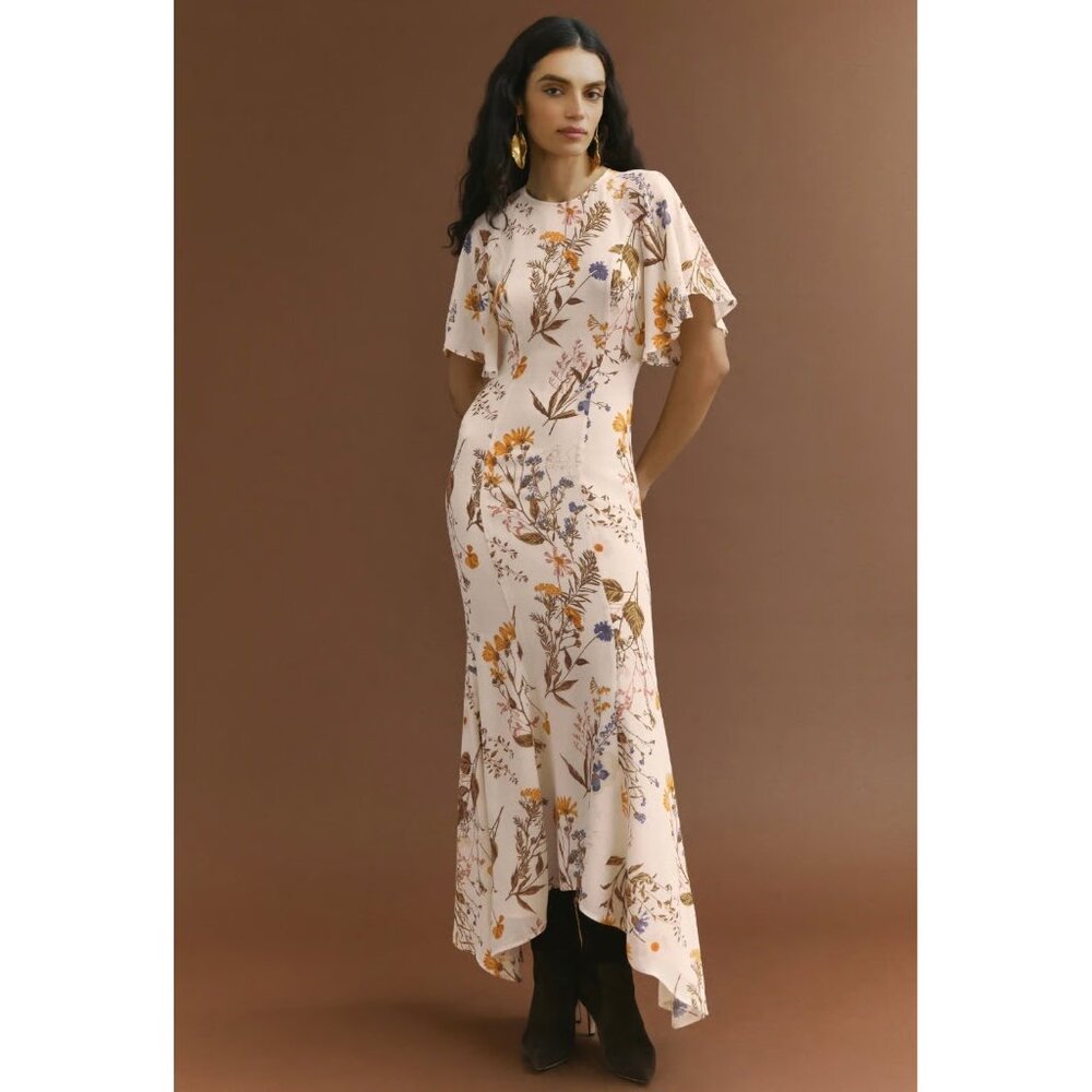 Reformation Cream Floral Maxi Dress with Rust and Blue Accents